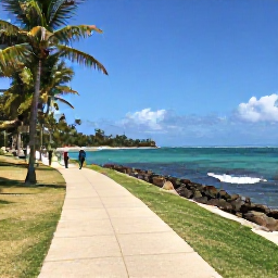 Caribbean Holidays, Puerto Rico Walks, A coastal walking path beside a quiet Puerto Rican beach, with palms, clear water and walkers enjoying the March sunshine