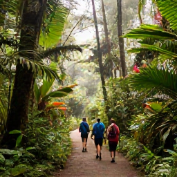 Caribbean Holidays, Puerto Rico Walks, Hikers following a forest path through El Yunque National Forest, with tropical plants, mountain mist and sunlight filtering through the trees
