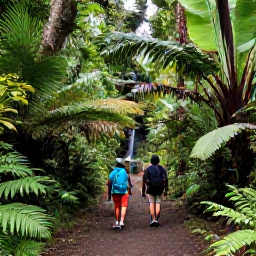 Caribbean Holidays, Puerto Rico Walks, Hikers on a lush trail beneath tropical forest in El Yunque National Forest, Puerto Rico, with ferns, palms and a small waterfall