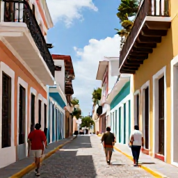 Caribbean Holidays, Puerto Rico Walks, Walkers exploring the cobbled streets and colourful colonial buildings of Old San Juan, Puerto Rico, in warm November sunlight