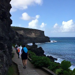 Caribbean Holidays, Puerto Rico Walks, Walkers following a coastal path beside rugged cliffs and a calm Caribbean sea on Puerto Rico&rsquo;s south-west coast in November