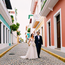 Caribbean Holidays, Puerto Rico Weddings, A bride and groom enjoying a romantic portrait in colourful Old San Juan, with cobbled streets and bright colonial architecture