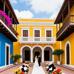 Caribbean Holidays, Puerto Rico Weddings, A colourful wedding ceremony in a historic courtyard in Old San Juan, showing Spanish colonial buildings, balconies and tropical flowers