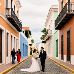 Caribbean Holidays, Puerto Rico Weddings, A couple and their guests exploring colourful Old San Juan after a February wedding, with colonial buildings and cobbled streets
