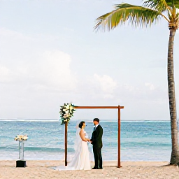 Caribbean Holidays, Puerto Rico Weddings, A happy couple exchanging vows beside a calm turquoise sea on a Puerto Rican beach, with palms and a simple floral arch