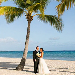 Caribbean Holidays, Puerto Rico Weddings, A newlywed couple celebrating beside a palm-fringed Caribbean beach in Puerto Rico during a bright February afternoon