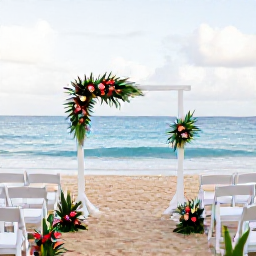 Caribbean Holidays, Puerto Rico Weddings, A romantic Puerto Rico wedding ceremony on a sandy beach, with white chairs, tropical flowers and calm blue sea