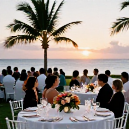 Caribbean Holidays, Puerto Rico Weddings, An outdoor Puerto Rico wedding reception at sunset, with tropical flowers, elegant tables and guests dining beside the sea
