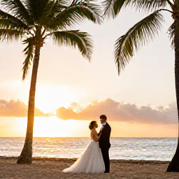 Caribbean Holidays, Puerto Rico Weddings, Bride and groom celebrating beside a palm-fringed Puerto Rican beach at sunset
