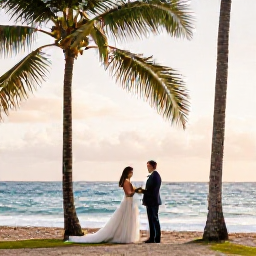 Caribbean Holidays, Puerto Rico Weddings, Bride and groom exchanging vows beside a palm-fringed beach in Puerto Rico at golden hour