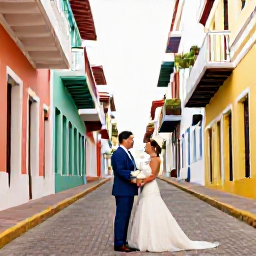 Caribbean Holidays, Puerto Rico Weddings, Bride and groom exploring the colourful streets and historic architecture of Old San Juan after their wedding