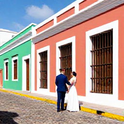 Caribbean Holidays, Puerto Rico Weddings, Bride and groom taking wedding photographs in colourful Old San Juan, Puerto Rico, beside Spanish colonial buildings and cobbled streets