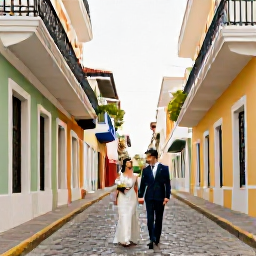 Caribbean Holidays, Puerto Rico Weddings, Bride and groom walking through the colourful cobbled streets of Old San Juan after their May wedding, historic balconies and tropical light