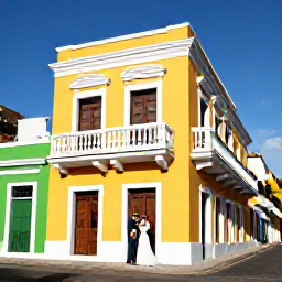 Caribbean Holidays, Puerto Rico Weddings, Couple exploring colourful Old San Juan after their wedding, with colonial architecture, balconies and bright Caribbean sunshine