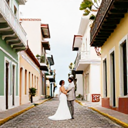 Caribbean Holidays, Puerto Rico Weddings, Couple taking romantic wedding photographs in Old San Juan, surrounded by colourful colonial buildings and cobbled streets