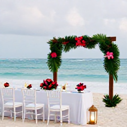 Caribbean Holidays, Puerto Rico Weddings, Elegant beach wedding reception in Puerto Rico with white chairs, tropical flowers, glowing lanterns and the Caribbean Sea beyond