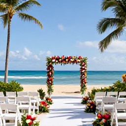 Caribbean Holidays, Puerto Rico Weddings, Elegant outdoor wedding ceremony at a Puerto Rican beach resort in November, white chairs, tropical flowers and ocean views