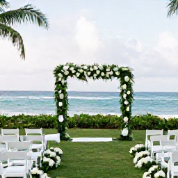 Caribbean Holidays, Puerto Rico Weddings, Elegant outdoor wedding ceremony at a Puerto Rico resort, decorated with white flowers, greenery and views across the Caribbean Sea