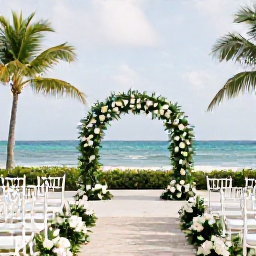 Caribbean Holidays, Puerto Rico Weddings, Elegant outdoor wedding ceremony at a Puerto Rico resort, with white chairs, tropical greenery and the ocean in the background