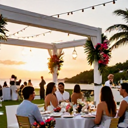 Caribbean Holidays, Puerto Rico Weddings, Elegant outdoor wedding reception at a Puerto Rico resort, with tropical flowers, lanterns and guests dining at sunset
