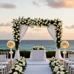 Caribbean Holidays, Puerto Rico Weddings, Elegant Puerto Rico wedding reception at a seaside resort, decorated with white flowers and soft lights at sunset