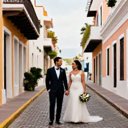 Caribbean Holidays, Puerto Rico Weddings, Happy newlywed couple exploring colourful Old San Juan streets after their Puerto Rico wedding