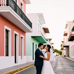 Caribbean Holidays, Puerto Rico Weddings, Happy wedding couple exploring colourful Old San Juan streets after their ceremony, colonial buildings and balconies in warm afternoon light
