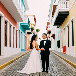 Caribbean Holidays, Puerto Rico Weddings, Happy wedding couple exploring colourful Old San Juan streets after their ceremony