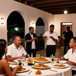 Caribbean Holidays, Puerto Rico Weddings, Happy wedding guests enjoying a Puerto Rican celebration with tropical dishes, live music and dancing in a warmly lit courtyard