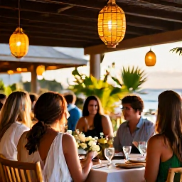 Caribbean Holidays, Puerto Rico Weddings, Happy wedding party dining outdoors at a Puerto Rico Caribbean restaurant in May, with lanterns, tropical plants and sunset light