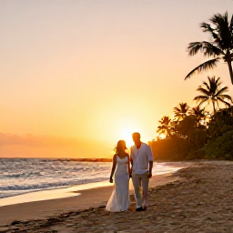 Caribbean Holidays, Puerto Rico Weddings, Newly married couple enjoying a romantic sunset walk along a Puerto Rico beach with tropical scenery