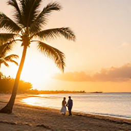 Caribbean Holidays, Puerto Rico Weddings, Newly married couple walking along a golden Puerto Rico beach at sunset with tropical palms and calm sea