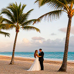 Caribbean Holidays, Puerto Rico Weddings, Newlyweds celebrating beside a bright Caribbean beach in Puerto Rico during July, with palm trees, turquoise sea and warm evening light