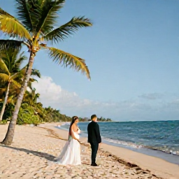 Caribbean Holidays, Puerto Rico Weddings, Newlyweds celebrating beside a sunlit Puerto Rican beach in November, with tropical greenery and calm turquoise water