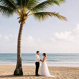 Caribbean Holidays, Puerto Rico Weddings, Newlyweds exchanging vows at a palm-fringed Puerto Rican beach in warm September sunshine