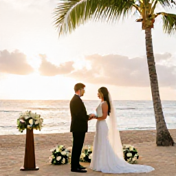 Caribbean Holidays, Puerto Rico Weddings, Newlyweds exchanging vows beside a palm-fringed beach in Puerto Rico at sunset, with warm Caribbean light and elegant wedding details