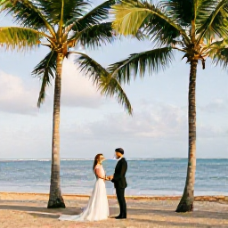 Caribbean Holidays, Puerto Rico Weddings, Newlyweds exchanging vows beside a palm-fringed beach in Puerto Rico in warm March sunshine