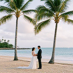 Caribbean Holidays, Puerto Rico Weddings, Newlyweds exchanging vows beside a palm-fringed beach in Puerto Rico on a warm October afternoon