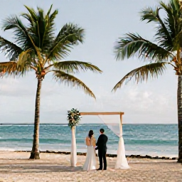 Caribbean Holidays, Puerto Rico Weddings, Newlyweds on a sunny Puerto Rican beach in May, with palm trees, calm turquoise water and a simple elegant wedding setting