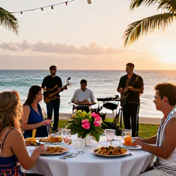 Caribbean Holidays, Puerto Rico Weddings, Puerto Rican wedding reception with tropical flowers, local food and guests enjoying music beside the sea at sunset