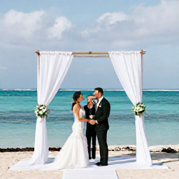 Caribbean Holidays, Puerto Rico Weddings, Romantic Puerto Rican wedding ceremony beneath a simple white canopy beside turquoise water