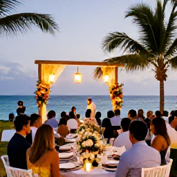 Caribbean Holidays, Puerto Rico Weddings, Wedding guests dining outdoors at a Puerto Rican seaside reception with lanterns, tropical flowers and the ocean at dusk