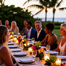 Caribbean Holidays, Puerto Rico Weddings, Wedding guests enjoying a relaxed outdoor dinner with candles and tropical flowers in Puerto Rico