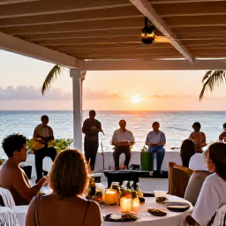 Caribbean Holidays, Puerto Rico Weddings, Wedding guests enjoying a relaxed Puerto Rican reception with tropical food, live music and sunset over the Caribbean Sea