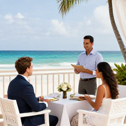 Caribbean Holidays, Puerto Rico Weddings, Wedding planner discussing an October destination wedding with a couple at a bright Puerto Rico hotel terrace
