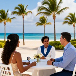 Caribbean Holidays, Puerto Rico Weddings, Wedding planner meeting a couple at a bright Puerto Rico resort overlooking a tropical beach