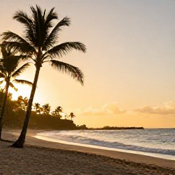 Caribbean Holidays, Puerto Rico Wellness, A calm Puerto Rico beach at sunrise in October, with soft golden light, palm trees and gentle waves