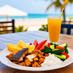 Caribbean Holidays, Puerto Rico Wellness, A colourful healthy Puerto Rican meal with fresh fruit, vegetables, fish and a glass of tropical juice on a sunny restaurant terrace