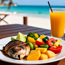 Caribbean Holidays, Puerto Rico Wellness, A colourful Puerto Rican wellness meal with fresh tropical fruit, vegetables, grilled fish and a natural juice on a shaded terrace