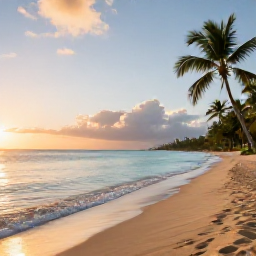 Caribbean Holidays, Puerto Rico Wellness, A peaceful Puerto Rican beach at sunrise with calm turquoise water, soft sand and a few palm trees